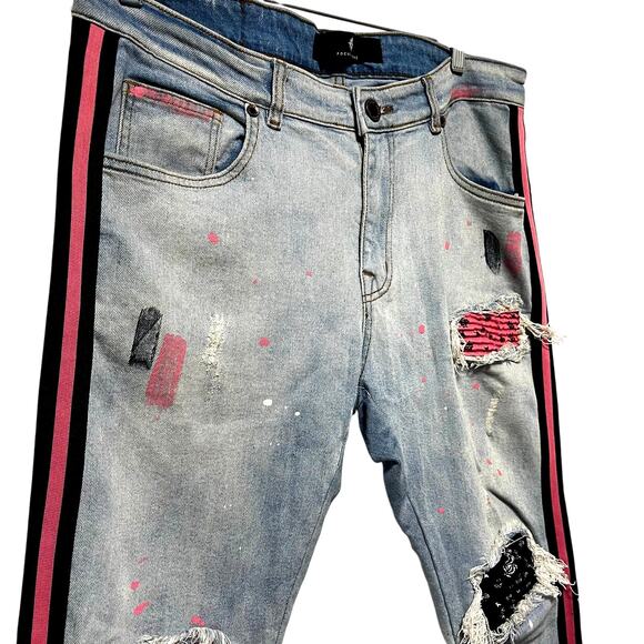 Focus Jeans With Pink/Black Stripe Bandana Patches Paint Splattered Distressed - Picture 3 of 7